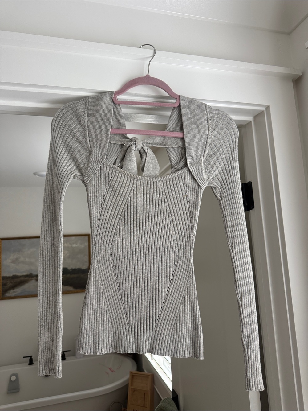 Lovers + Friends Light Gray Ribbed Tie-Back Knit Top